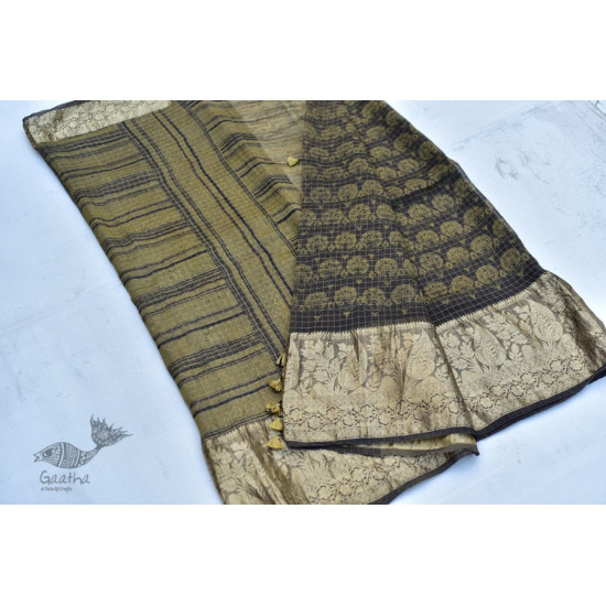 Organza ajrakh printed saree with zari border