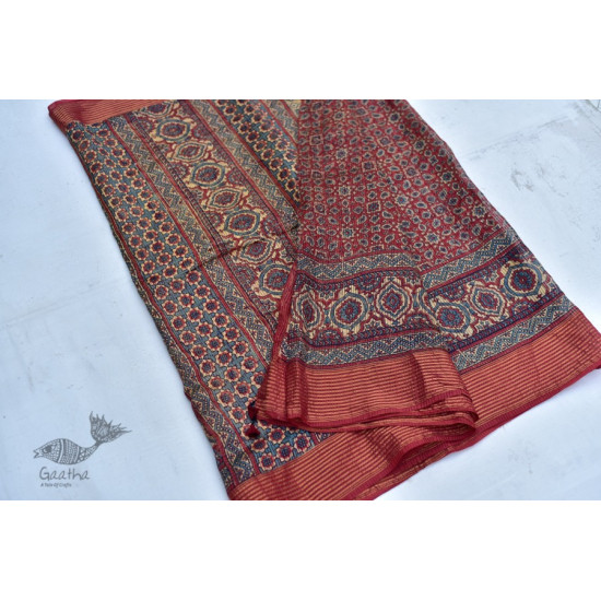 Organza ajrakh printed saree with zari border