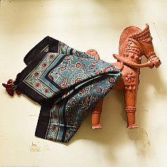 Neelanjana . नीलांजना ~ Square Ajrakh Silk Scarf - Flower Motif