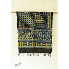 Kafi | Ajrakh Block Print ~ Handloom Linen Stole - Greenish Grey