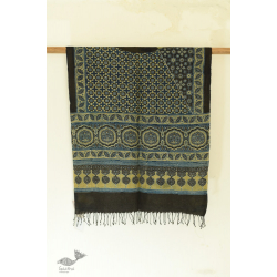 Kafi | Ajrakh Block Print ~ Handloom Linen Stole - Greenish Grey