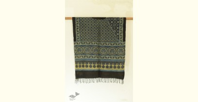 Kafi | Ajrakh Block Print ~ Handloom Linen Stole - Greenish Grey