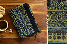 Kafi | Ajrakh Block Print ~ Handloom Linen Stole - Greenish Grey
