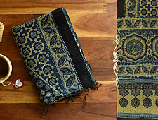 Kafi | Ajrakh Block Print ~ Handloom Linen Stole - Greenish Grey