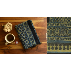 Kafi | Ajrakh Block Print ~ Handloom Linen Stole - Greenish Grey