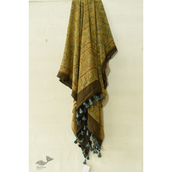 buy Ajrakh Natual Dyed Crape Dupatta - Green & Brown