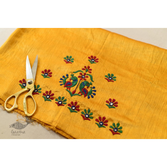 Embroidered Mashru Yellow Blouse Piece - Peacock Motif