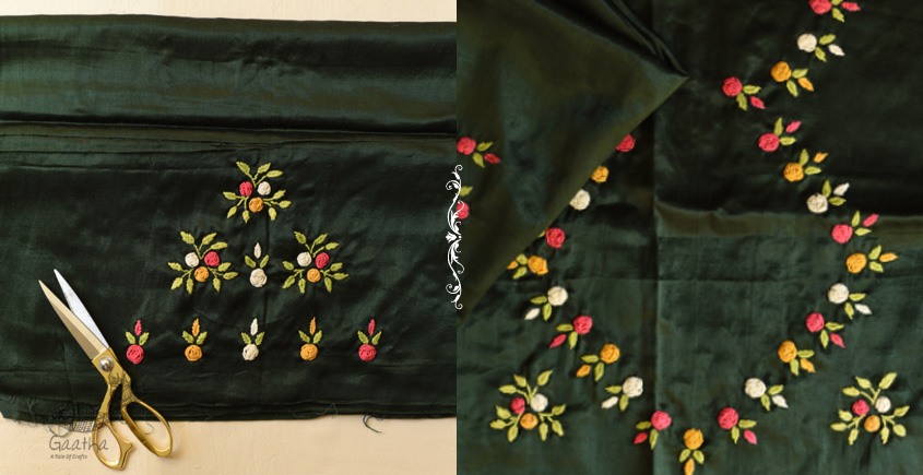 Embroidered Mashru Blouse Piece with Mirror Work - Dark Green 