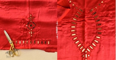 Embroidered Mashru Blouse Piece with Mirror Work - Red
