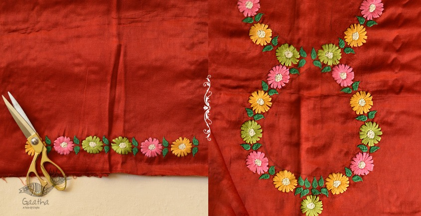 Flower Embroidered Mashru Blouse Fabric