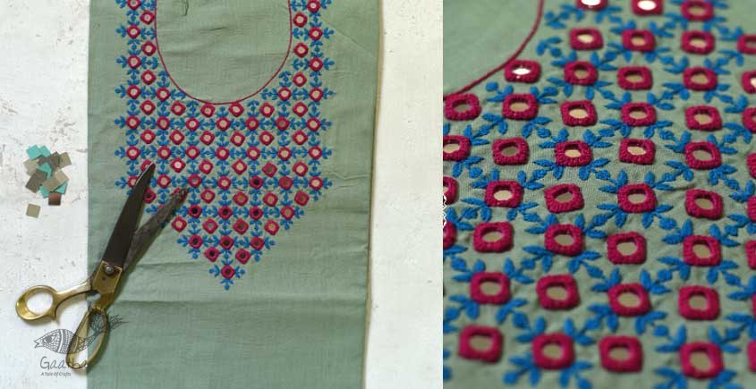 shop hand embroidered Linen kurta fabric - greenish grey