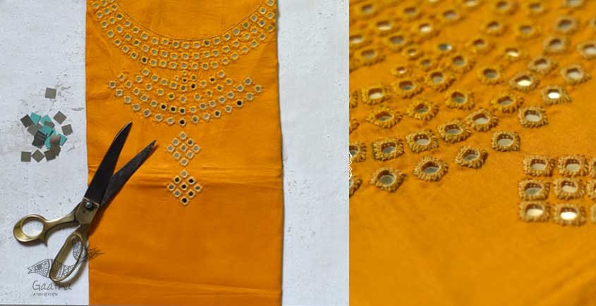 shop hand embroidered Linen kurta fabric in yellow colour