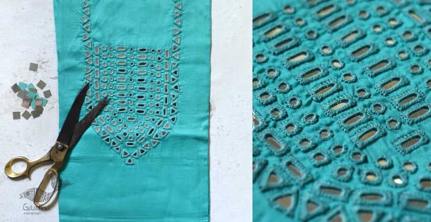 shop hand embroidered Linen kurta fabric - cyan blue
