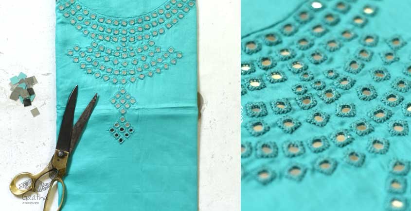 shop hand embroidered Linen kurta fabric | cyan blue