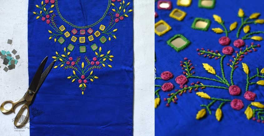 shop hand embroidered Linen kurta fabric in blue colour