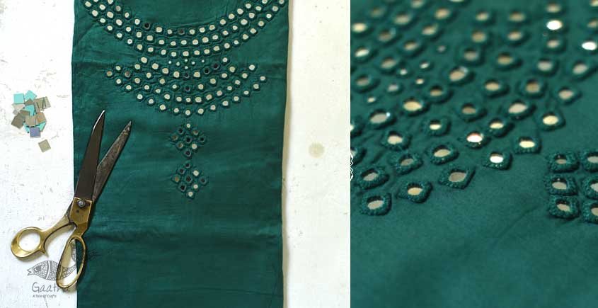 shop hand embroidered Linen kurta fabric - bottle green