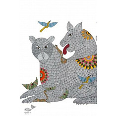 Gond Art | Hand Painted Gond Painting ( 4 X 5 Feet ) - Three Tigers