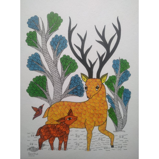 Buy Hand Painted Gond Painting - Mother deer with Baby deer