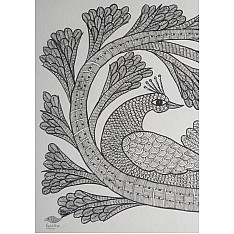 Gond Art | Hand Painted Gond Painting ( 11.5 x 15 inch ) - Peacock Black & white