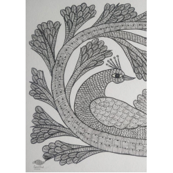 Gond Art | Hand Painted Gond Painting ( 11.5 x 15 inch ) - Peacock Black & white