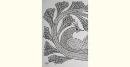 Gond Art | Hand Painted Gond Painting ( 11.5 x 15 inch ) - Peacock Black & white