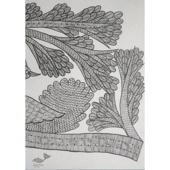 Buy Hand Painted Gond Painting Peacock Black & white 