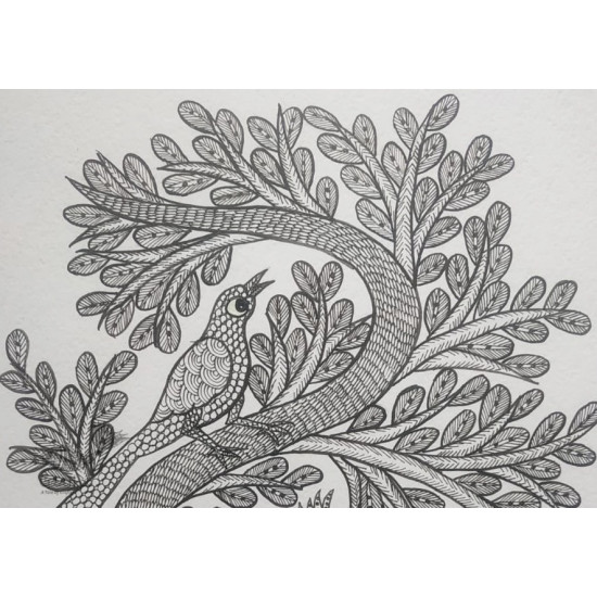 Buy Hand Painted Gond Painting - Black & White 