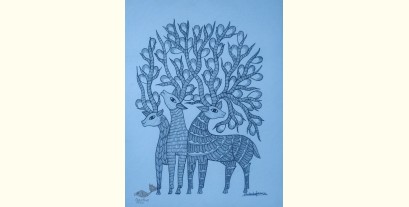 Gond Art | Hand Painted Gond Painting ( 11.5 x 15 inch ) - Blue Paper sheet