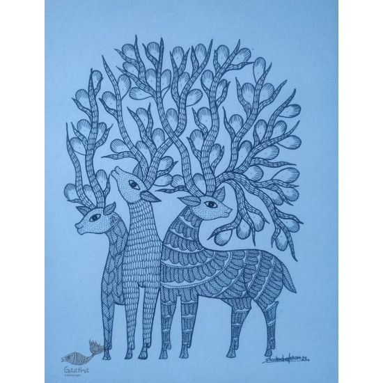 Buy Hand Painted Gond  Painting - Blue Paper sheet