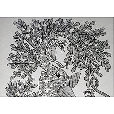 Gond Art | Hand Painted Gond Painting ( 11.5 x 15 inch ) - Elephant Black & White