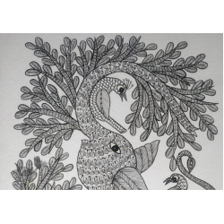 Gond Art | Hand Painted Gond Painting ( 11.5 x 15 inch ) - Elephant Black & White