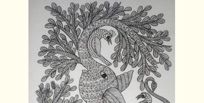 Gond Art | Hand Painted Gond Painting ( 11.5 x 15 inch ) - Elephant Black & White