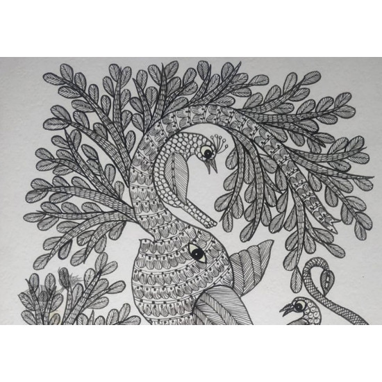 Buy Hand Painted Gond  Painting - Elephant Black & White