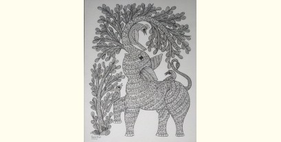 Gond Art | Hand Painted Gond Painting ( 11.5 x 15 inch ) - Elephant Black & White