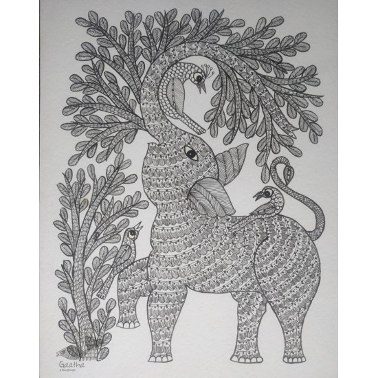 Buy Hand Painted Gond  Painting - Elephant Black & White