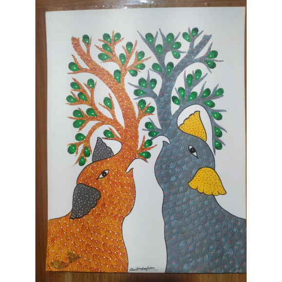 Buy Hand Painted Gond  Painting - Grey & Orange Elephants