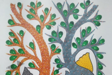 Gond Art | Hand Painted Gond Painting ( 11.5 x 15 inch ) - Grey & Orange Elephants