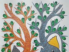 Gond Art | Hand Painted Gond Painting ( 11.5 x 15 inch ) - Grey & Orange Elephants