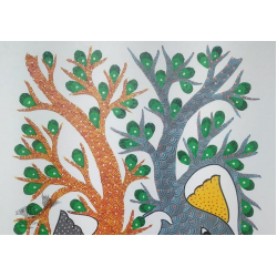 Gond Art | Hand Painted Gond Painting ( 11.5 x 15 inch ) - Grey & Orange Elephants