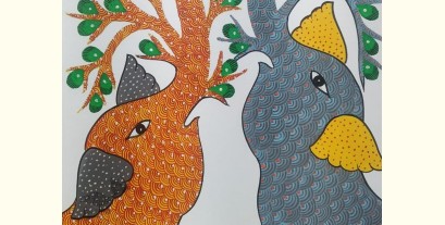 Gond Art | Hand Painted Gond Painting ( 11.5 x 15 inch ) - Grey & Orange Elephants