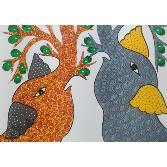 Buy Hand Painted Gond  Painting - Grey & Orange Elephants