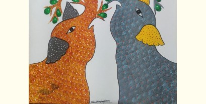 Gond Art | Hand Painted Gond Painting ( 11.5 x 15 inch ) - Grey & Orange Elephants