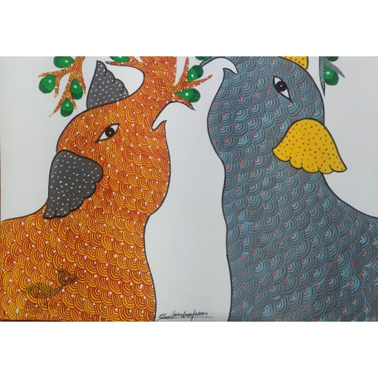 Buy Hand Painted Gond  Painting - Grey & Orange Elephants