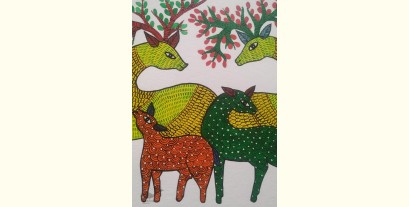 Gond Art | Hand Painted Gond Painting ( 11.5 x 15 inch ) - Deer Family