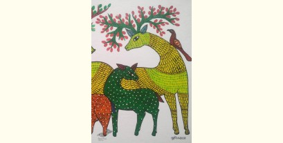 Gond Art | Hand Painted Gond Painting ( 11.5 x 15 inch ) - Deer Family