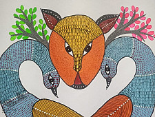 Gond Art | Hand Painted Gond Painting ( 11.5 x 15 inch ) - Two Peacocks