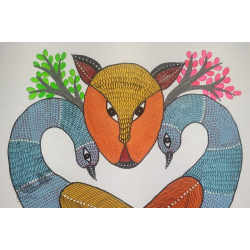 Gond Art | Hand Painted Gond Painting ( 11.5 x 15 inch ) - Two Peacocks