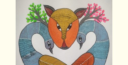 Gond Art | Hand Painted Gond Painting ( 11.5 x 15 inch ) - Two Peacocks