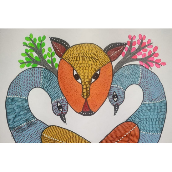 Buy Hand Painted Gond  Painting  - Two Peacock