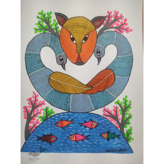 Buy Hand Painted Gond  Painting  - Two Peacock